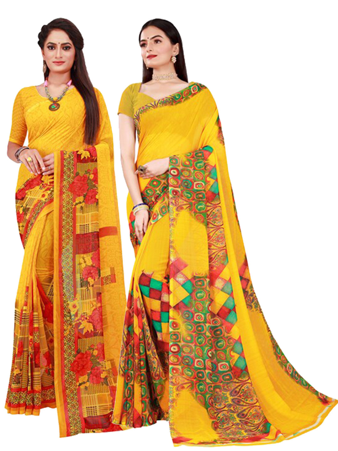 KALINI Yellow ,Red & Green Pure Georgette Saree
