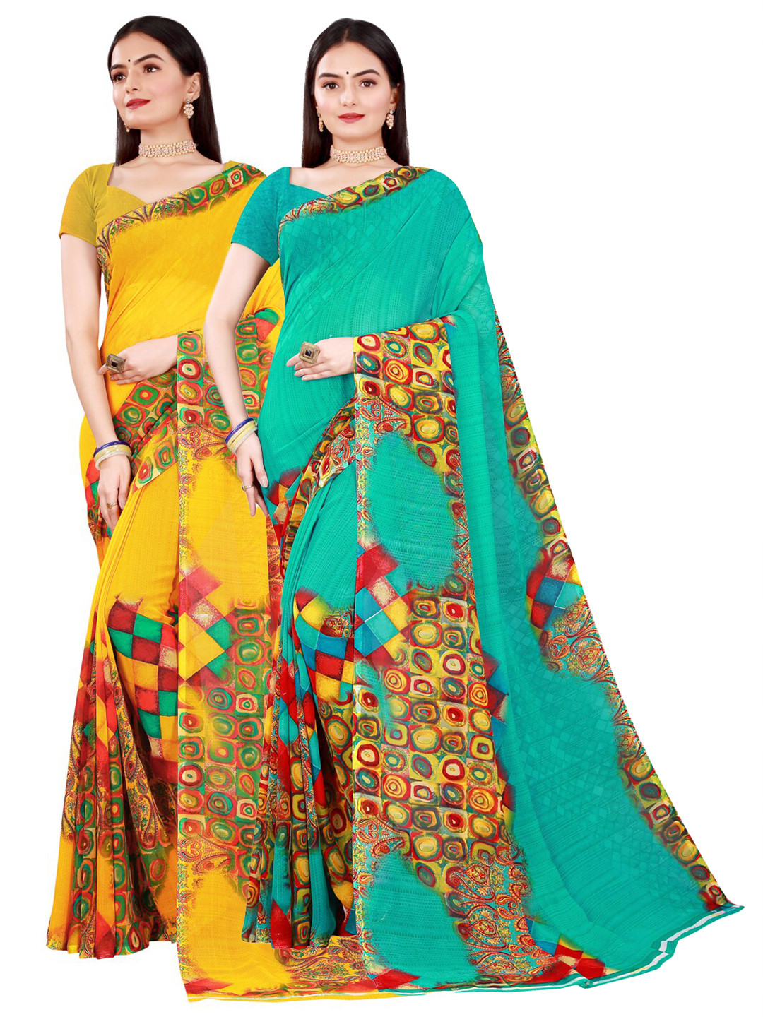 KALINI 2 Yellow & Green Pure Georgette Saree