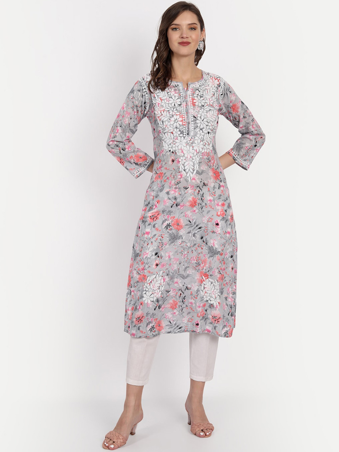 Indiankala4u Women Floral Printed Mulmul Cotton Chikankari Kurta