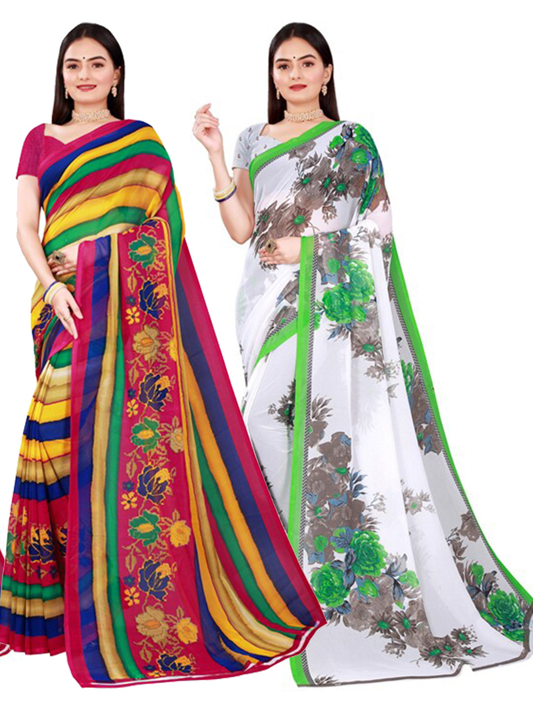 KALINI Women's Georgette White And Multicolor Printed Combo Saree