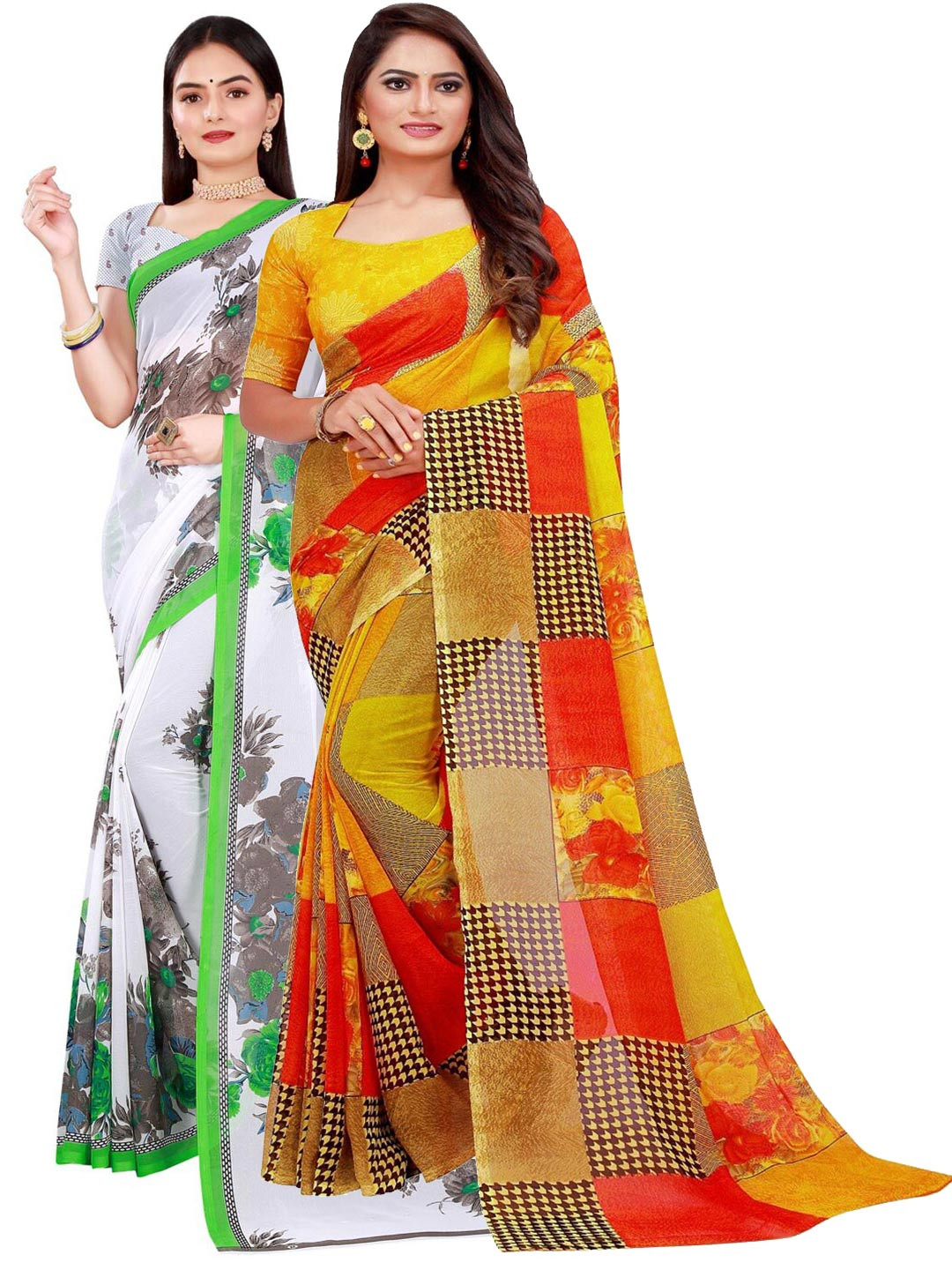 KALINI White & Yellow Pack of 2 Printed Pure Georgette Saree
