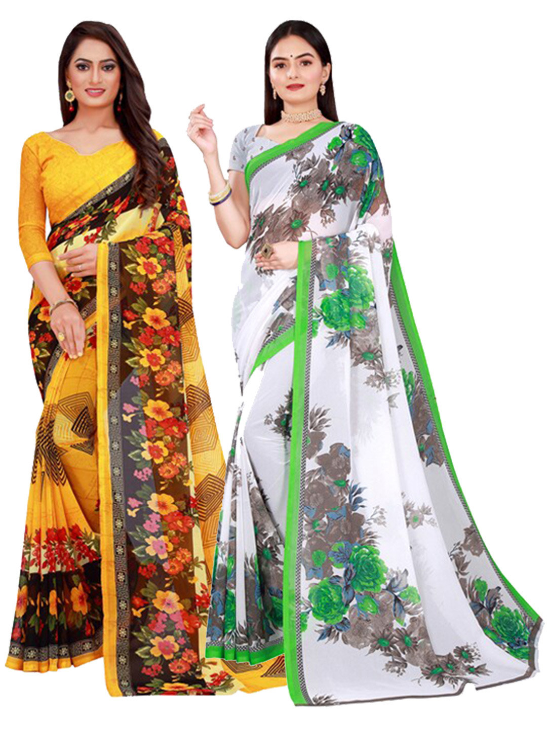 KALINI White & Yellow Pack Of 2 Floral Pure Georgette Saree