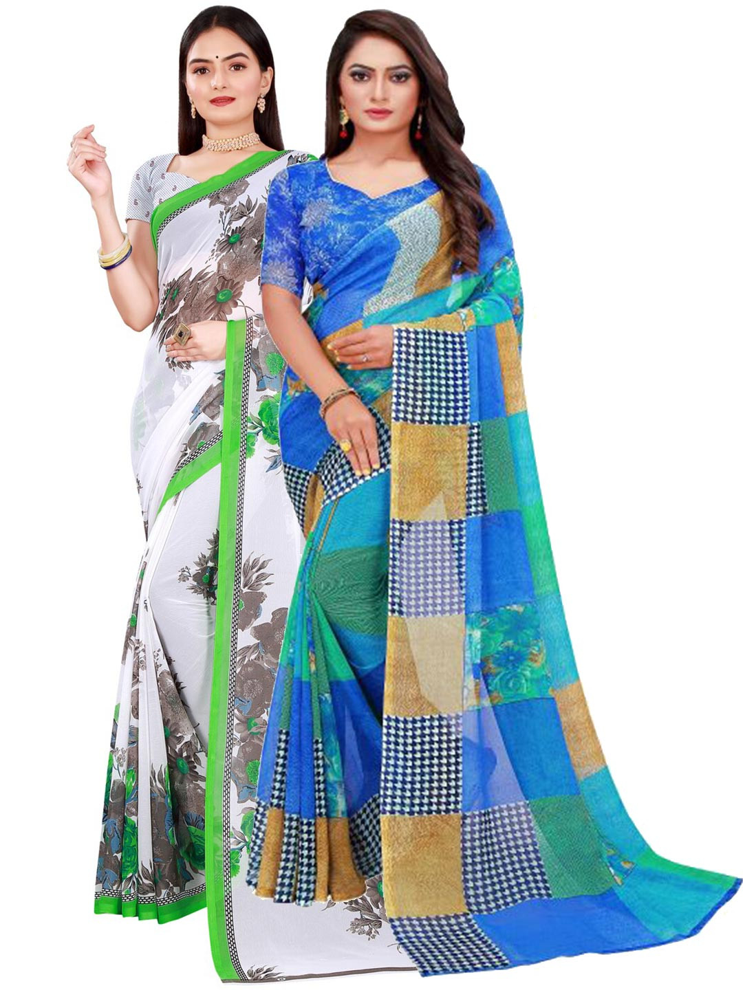 KALINI Women Pack of 2 White & Blue Floral Print Pure Georgette Saree