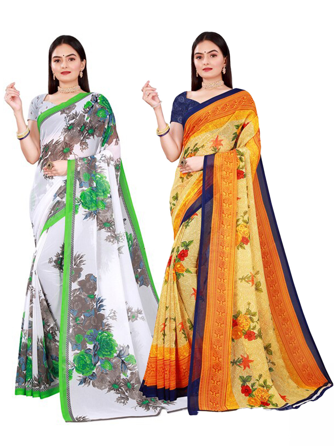 KALINI Set Of 2 White & Yellow Pure Georgette Sarees