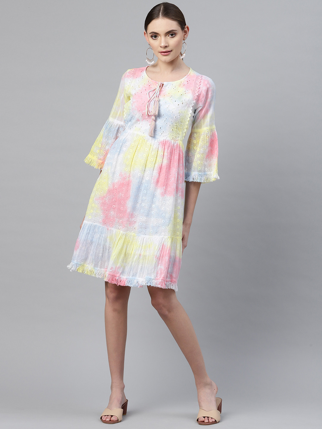 Readiprint Blue & Yellow Tie and Dye Schiffli A-Line Dress