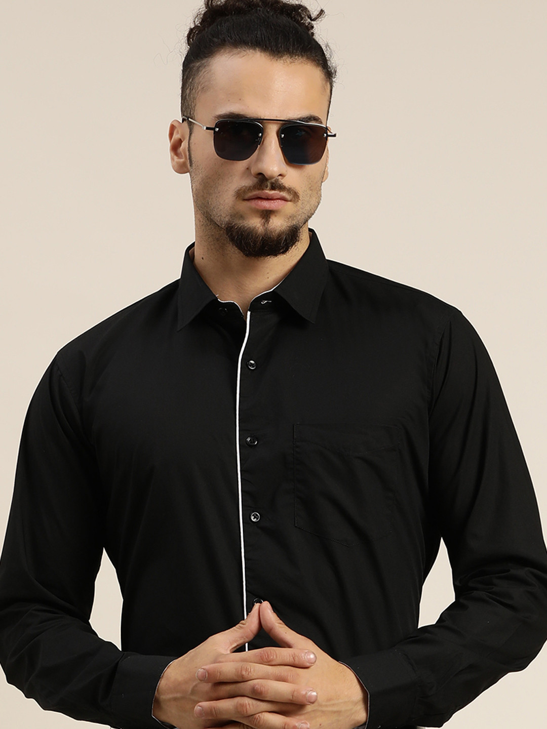 Hancock Men Black & White Solid Pure Cotton Slim Fit Tuxedo Shirts
