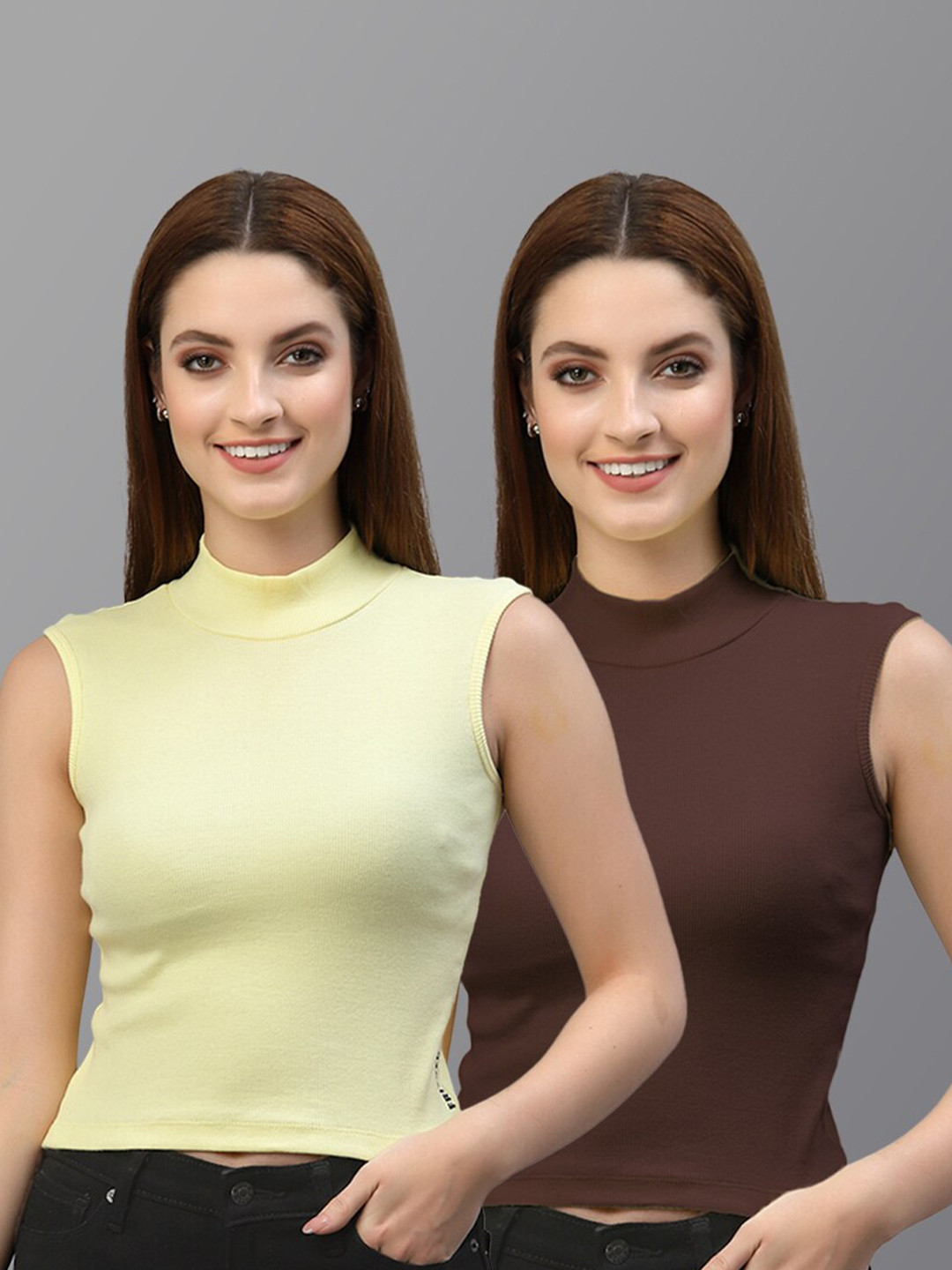 Friskers Women Pack Of 2 Yellow & Brown Cotton Rib Turtle Neck Tops