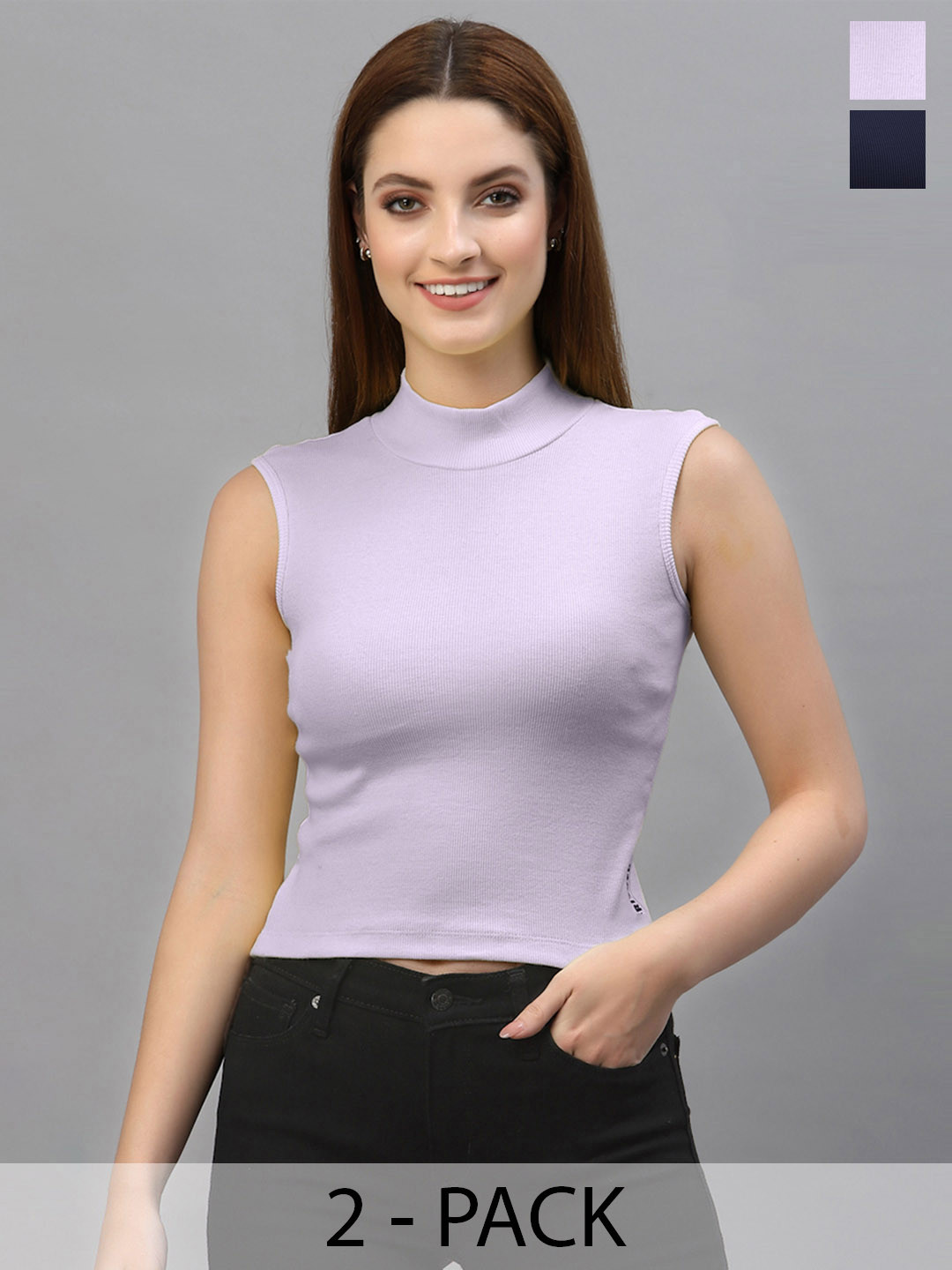 Friskers Pack of 2 Lavender & Navy Blue Solid Fitted Tops