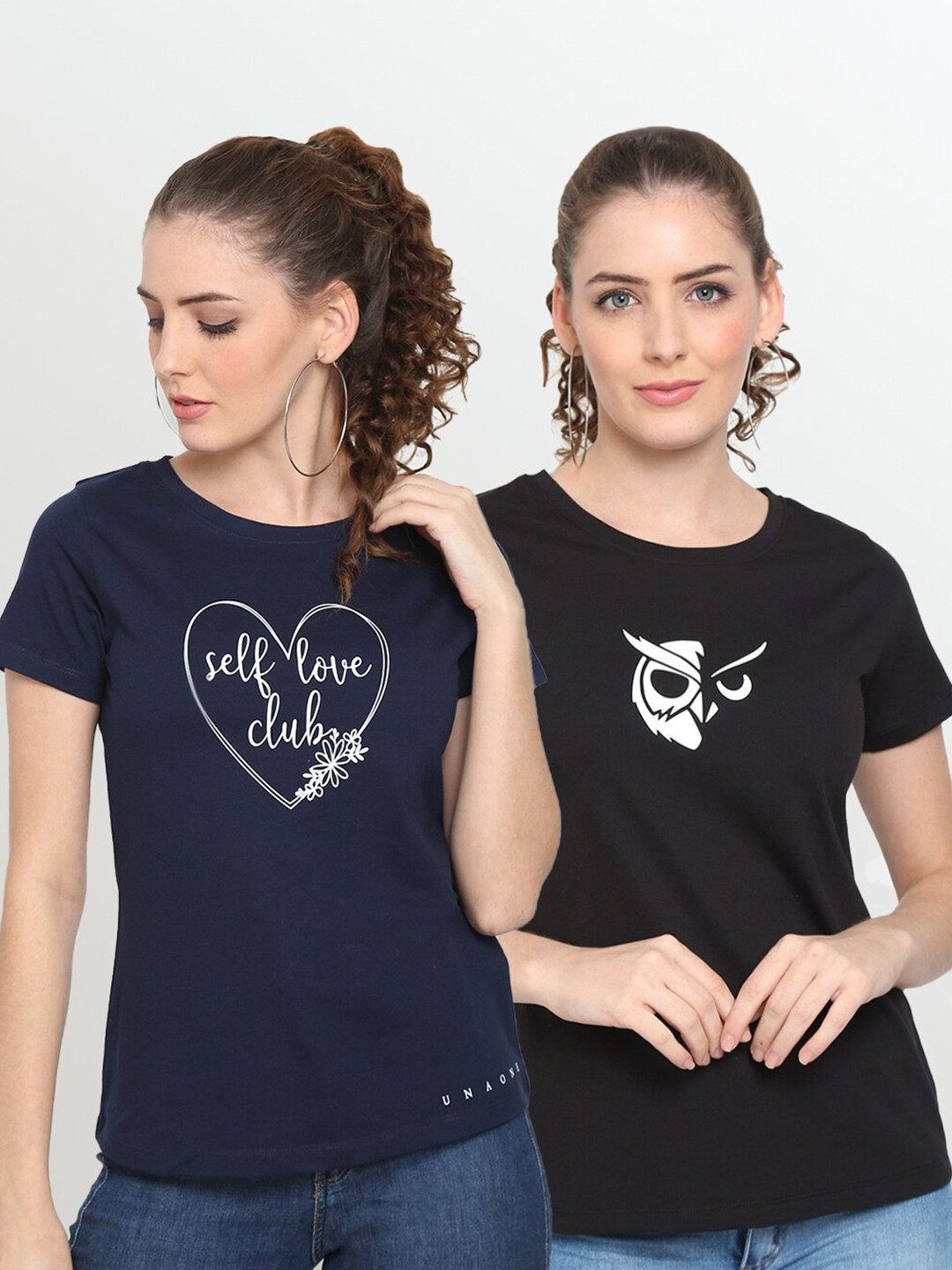 UnaOne Women Plus Size 2 Black & Navy Blue Printed Casual T-shirt