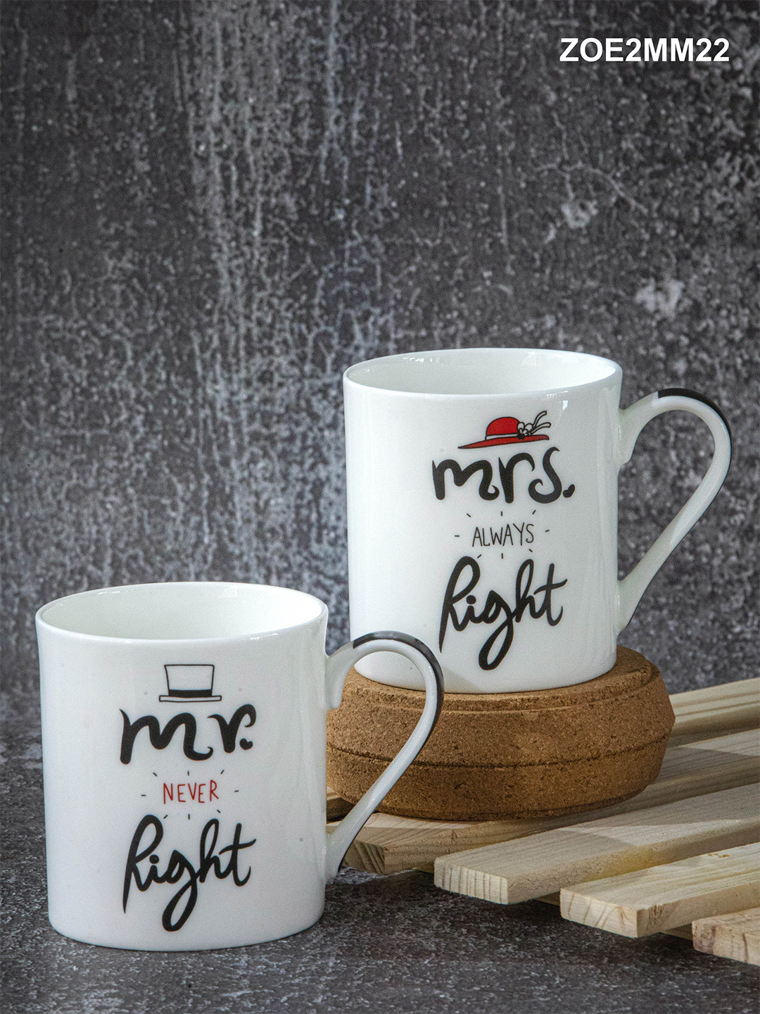 GOODHOMES White Typography Bone China Handmade 2 Piece Mugs-270ml