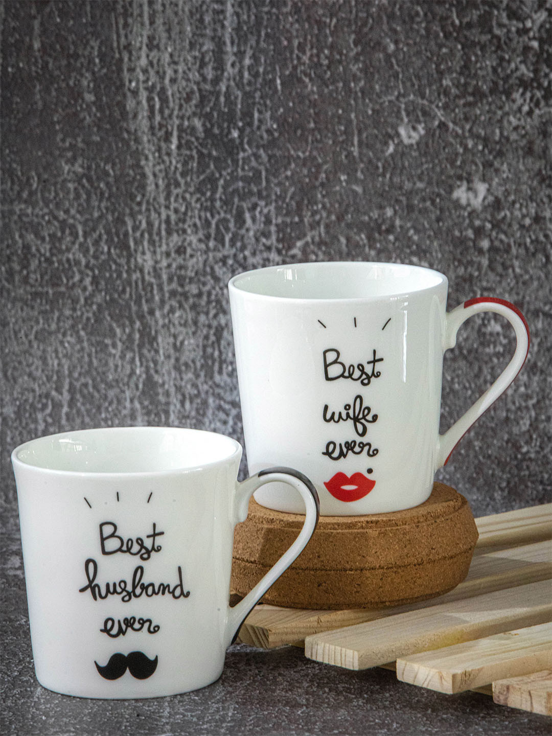 GOODHOMES Ribbed Design White Typography Bone China Handmade 2 Piece Mugs-270ml