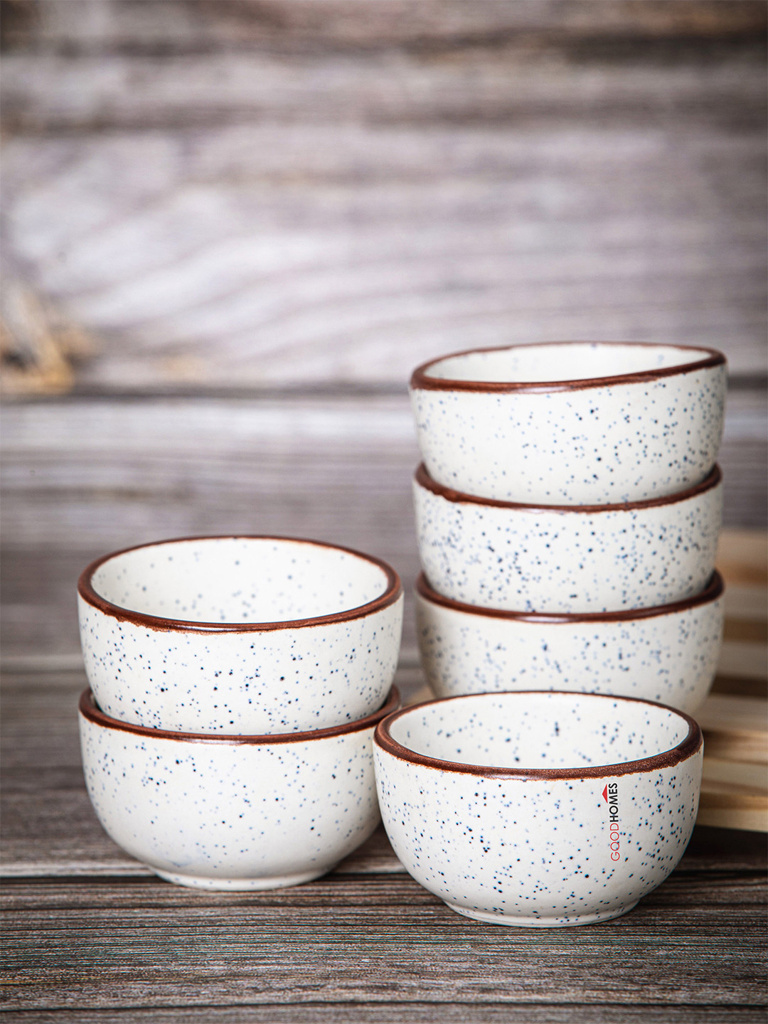 GOODHOMES White Set of 6 Printed Dishwasher & Microwave safe Stoneware Bowls 80ml each