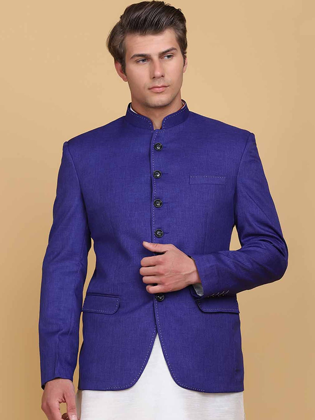 TAHVO Men Purple Solid Bandhgala Jodhpur Blazer