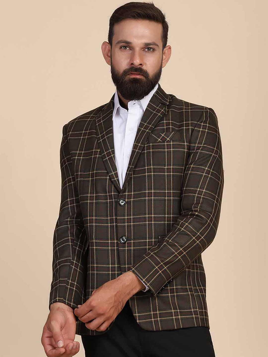 TAHVO Men Green Checked Single-Breasted Slim-Fit Formal Blazer