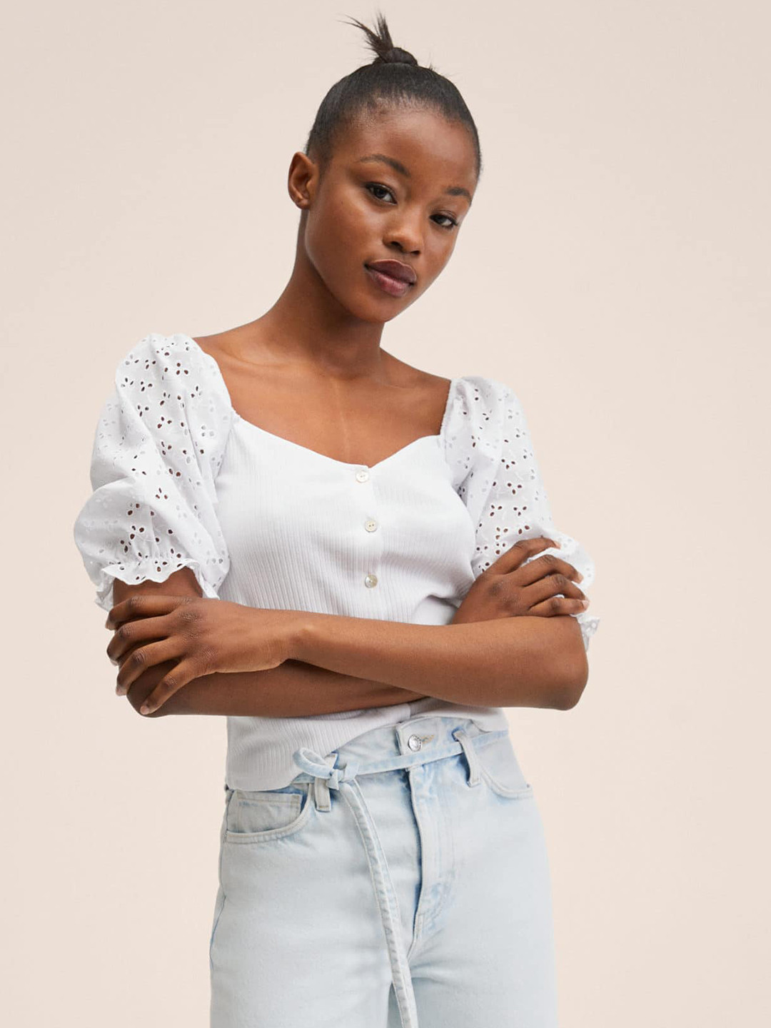 MANGO White Sweetheart Neck Top