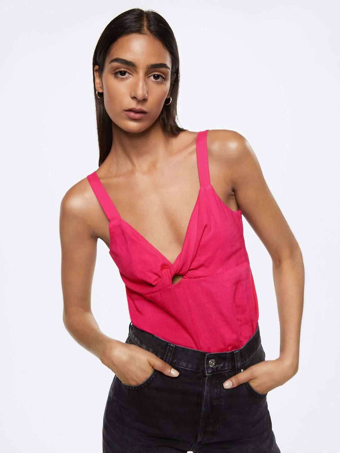 MANGO Pink Shoulder Strap Twisted Linen Top
