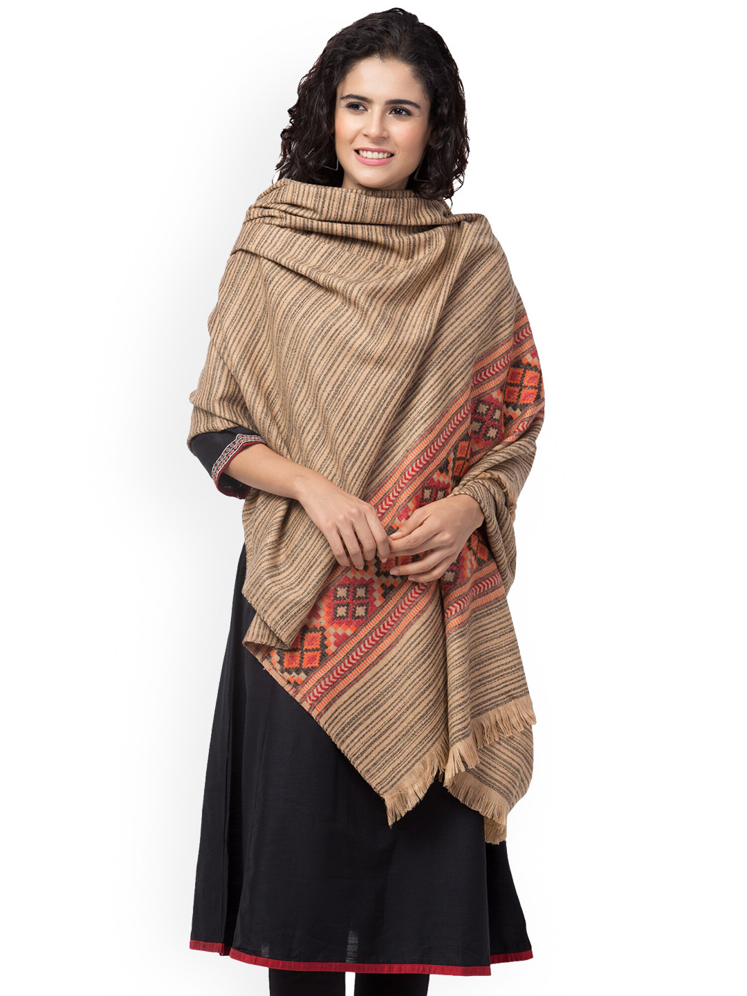 Tweedle Women Beige & Orange Woven-Design Shawl