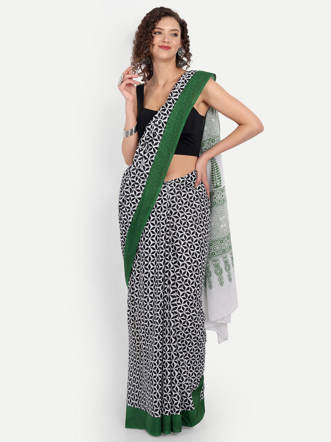BUTA BUTI Green & White Printed Pure Cotton Saree