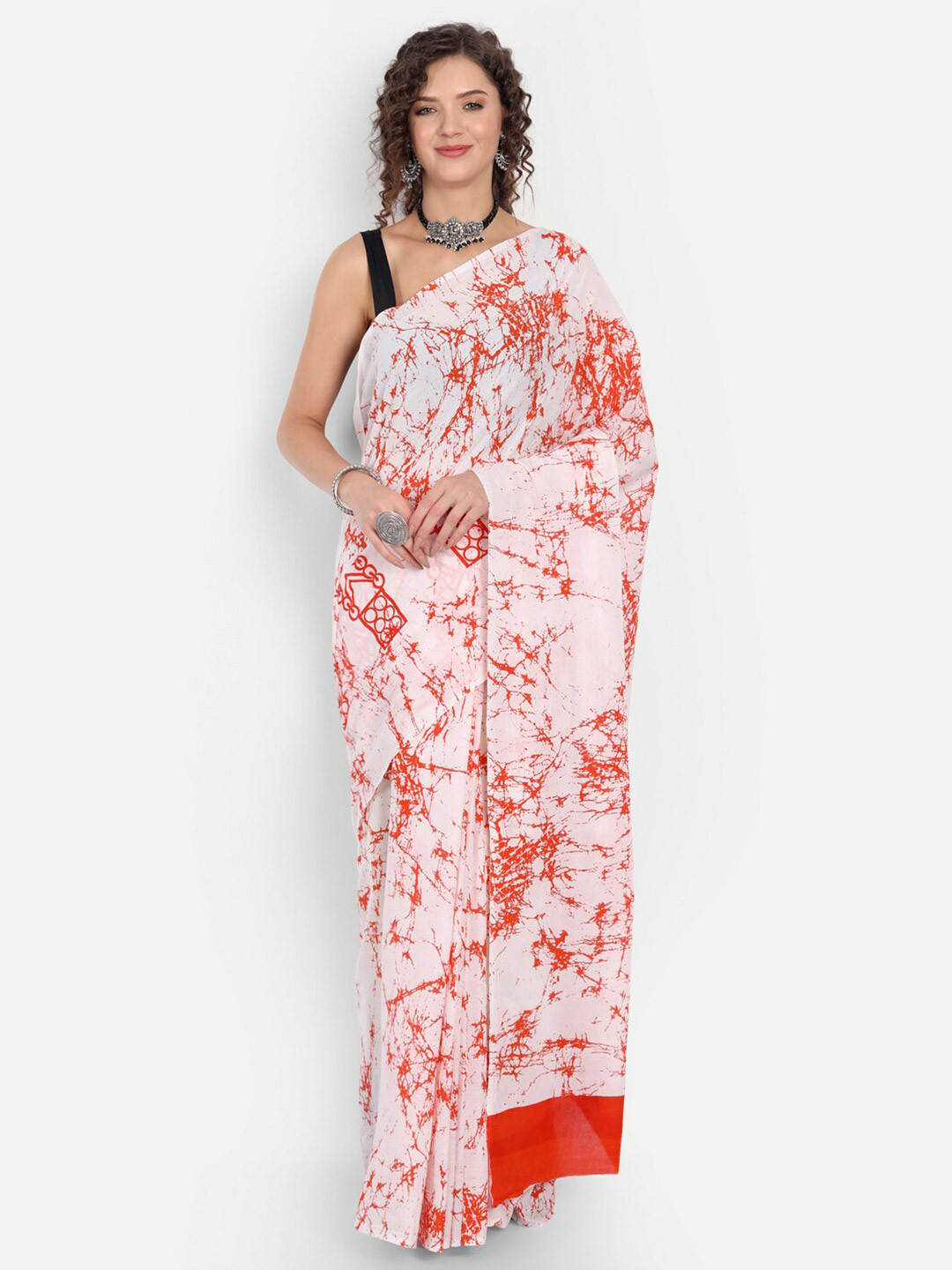 BUTA BUTI Women Orange & White Printed Pure Cotton  Saree