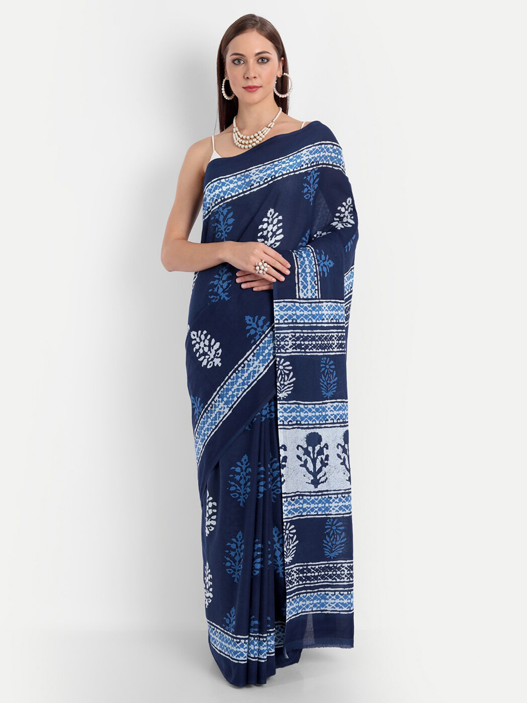 BUTA BUTI Blue & White Floral Pure Cotton Saree