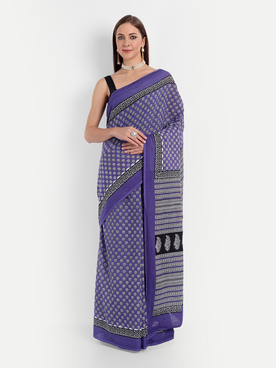 BUTA BUTI Violet & Black Ethnic Motifs Pure Cotton Saree