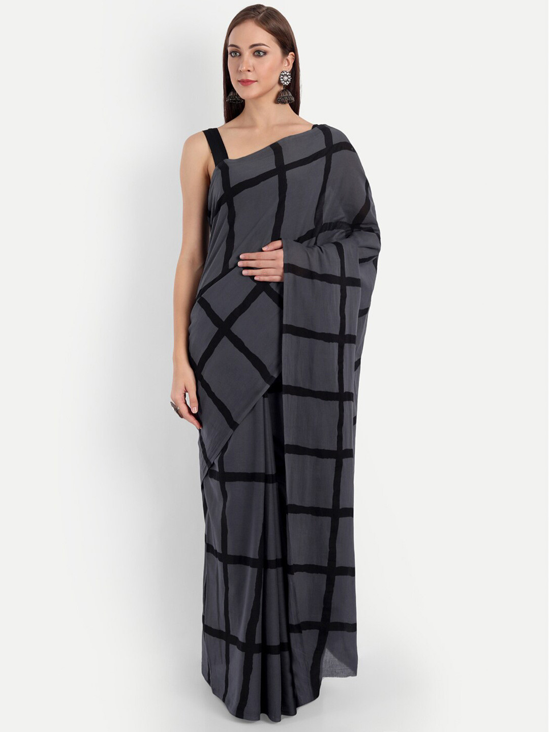 BUTA BUTI Blue & Black Checked Pure Cotton Saree