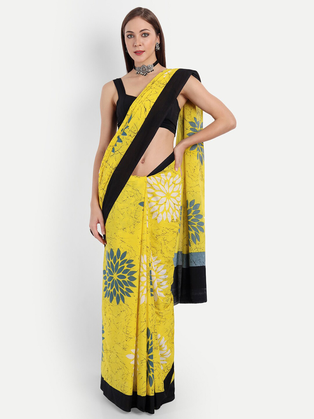 BUTA BUTI Yellow & Black Floral Pure Cotton Saree