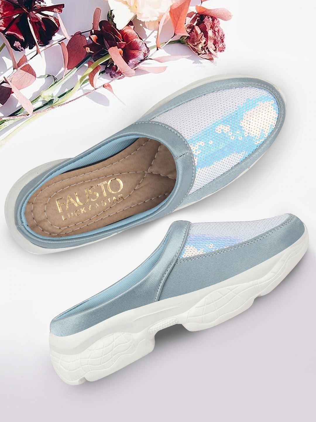 FAUSTO Women Sky Blue Back Open Embellished Slip On Mules
