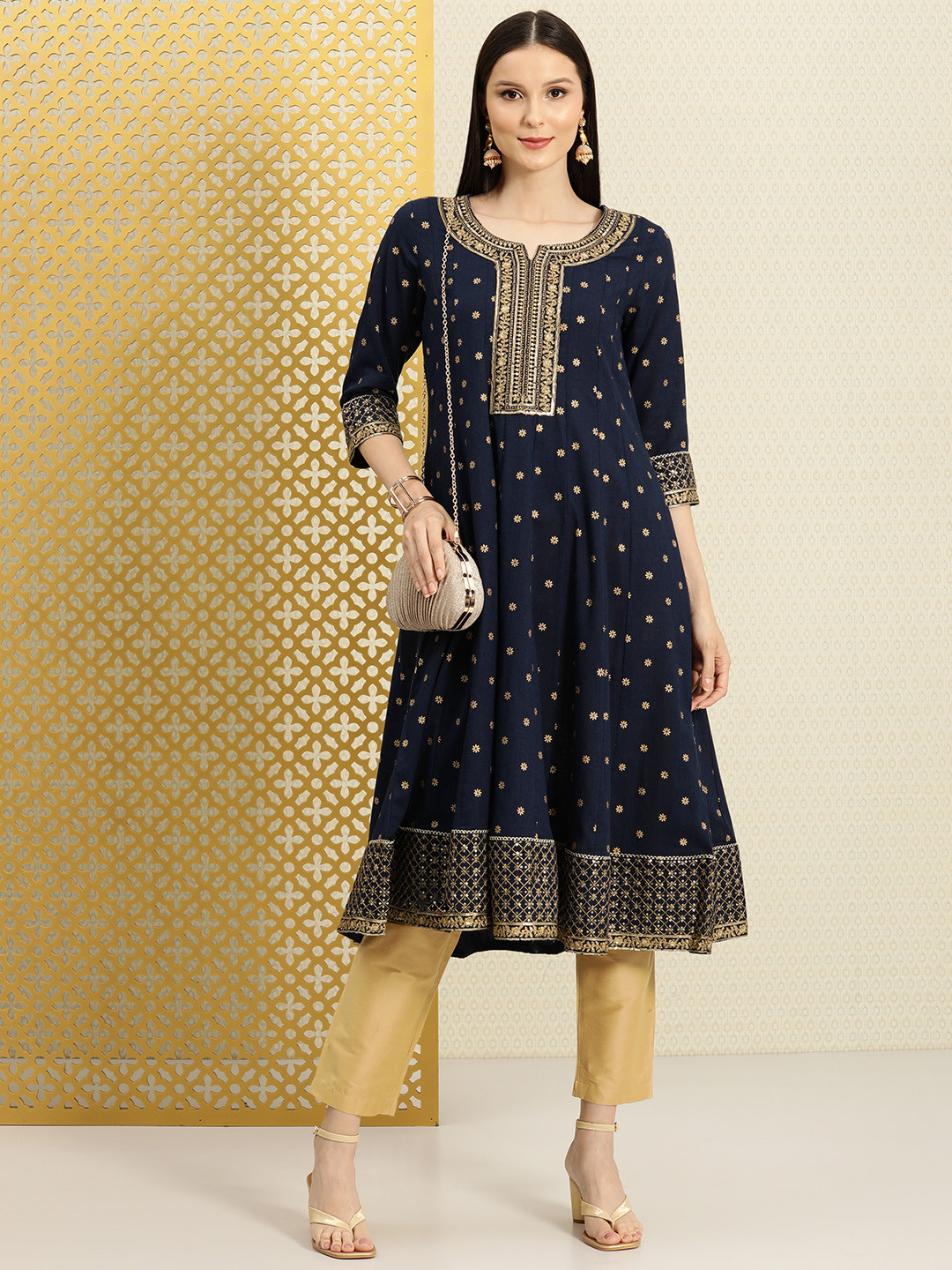 House of Pataudi Women Navy Blue Ethnic Motifs Print Thread Work Anarkali Kurta