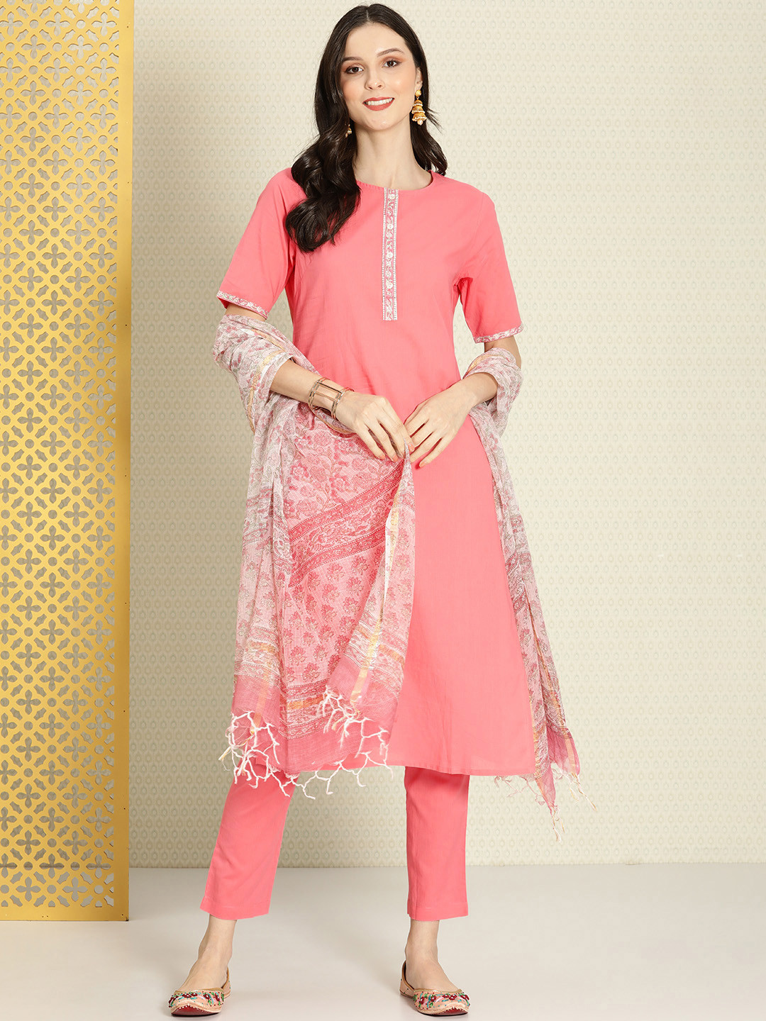 House of Pataudi Women Peach-Coloured Solid Pure Cotton Kurta with Trousers & Dupatta Set