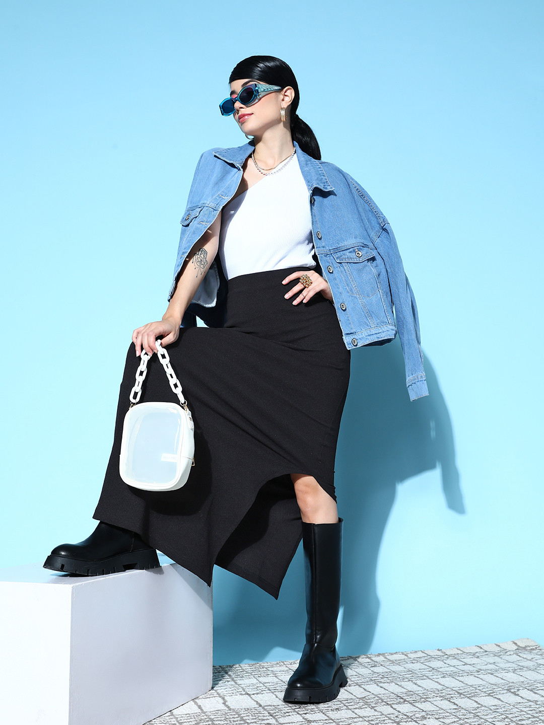 Berrylush BASICS Women Black Solid High Waisted Split-Thigh Maxi Skirt