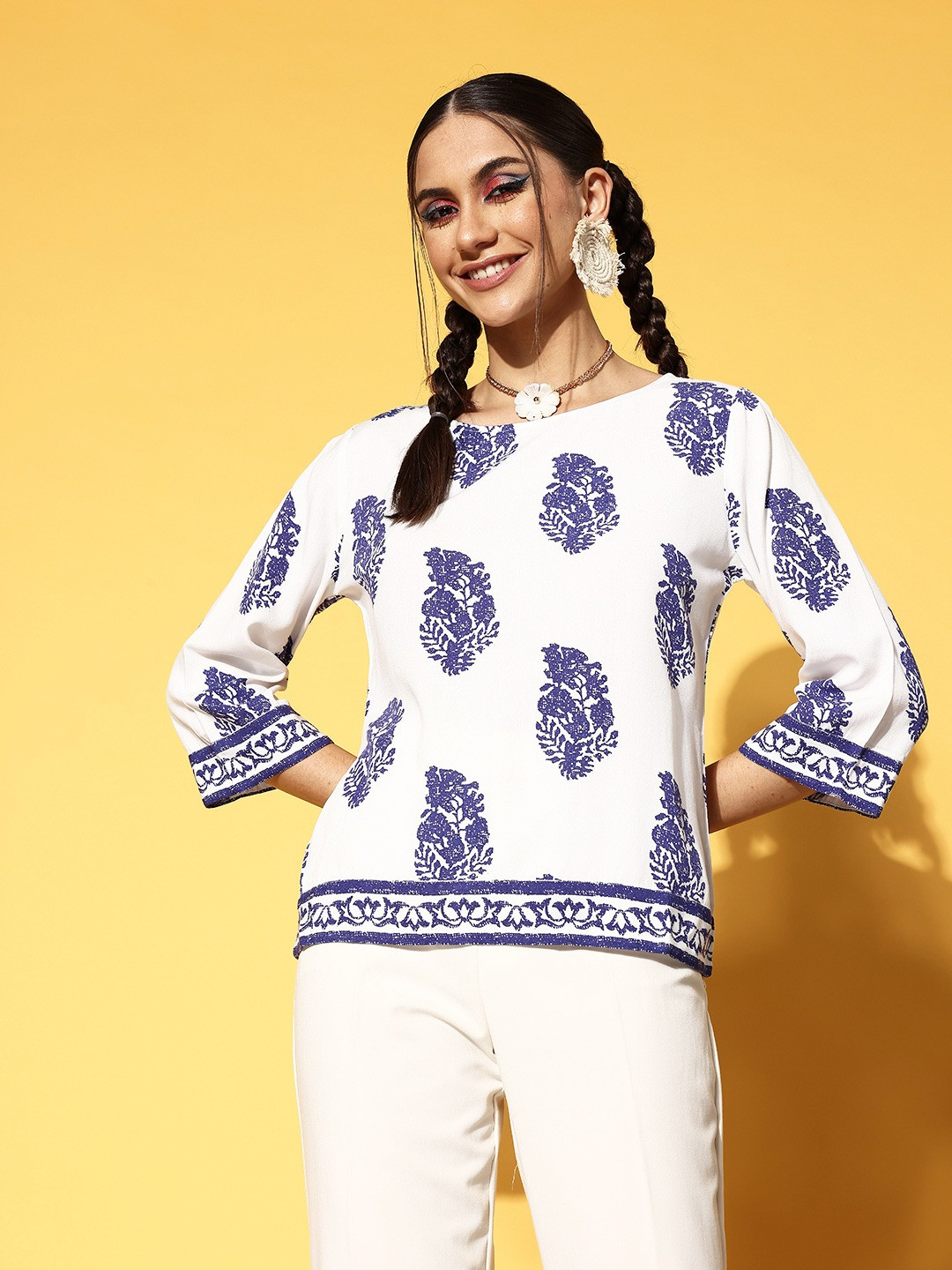 Berrylush Classic White Ethnic Motifs Indie Gal Top