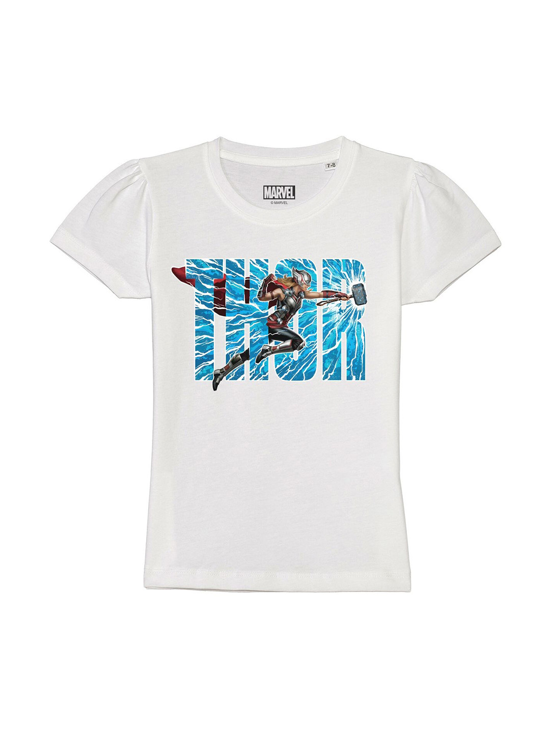 Marvel by Wear Your Mind Girls White Thor Printed Puff Sleeves Cotton T-shirt