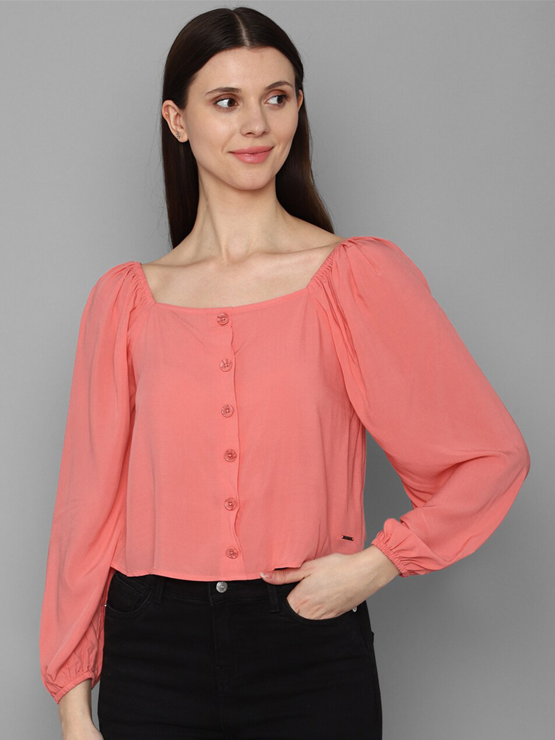 Allen Solly Woman Peach-Coloured Shirt Style Crop Top