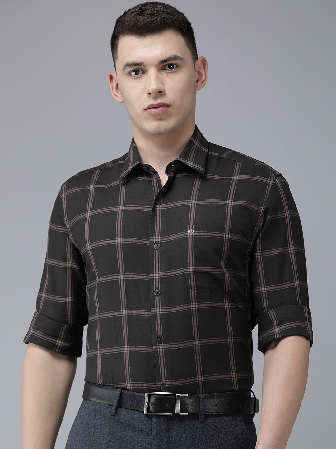 Arrow New York Men Black & Beige Slim Fit Checked Pure Cotton Formal Shirt