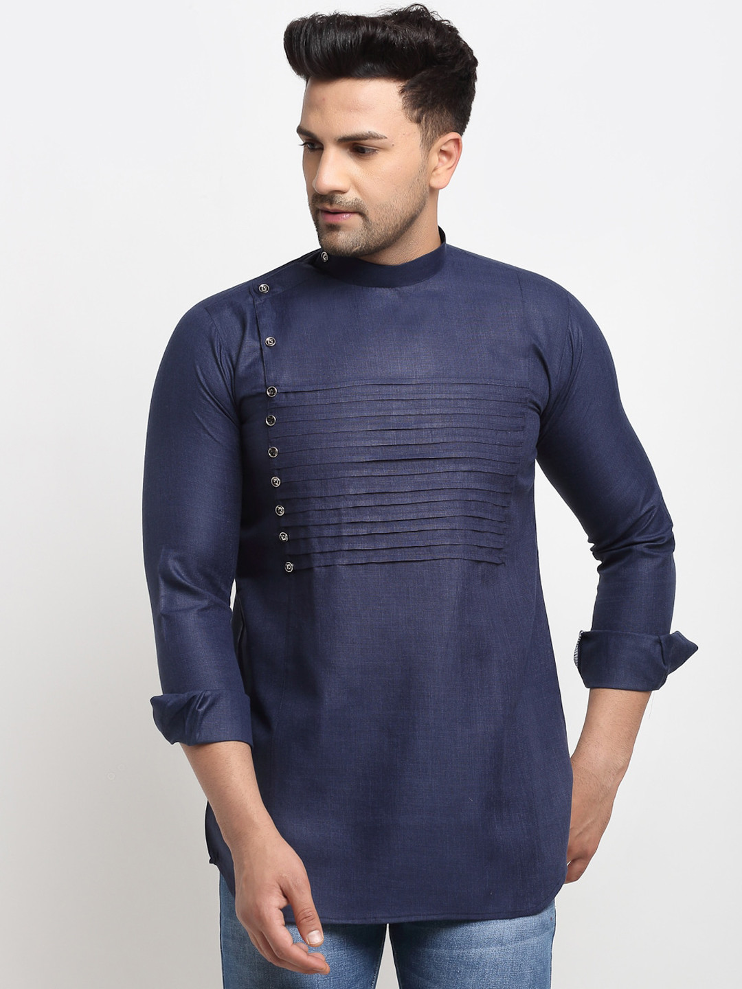 Kaifoo Men's Solid Navy Short Blue Kurta