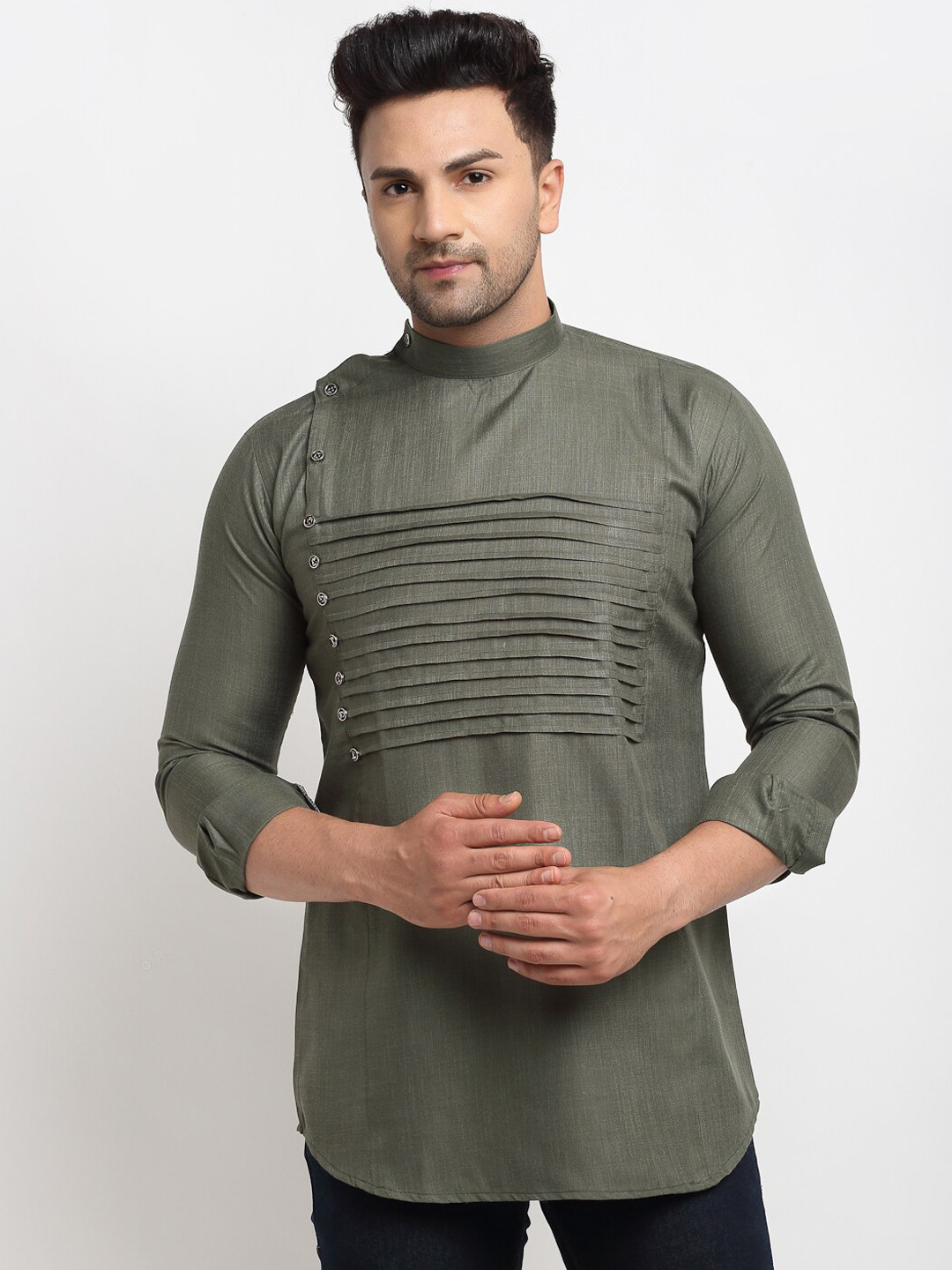 Kaifoo Men Green Angrakha Short Kurta