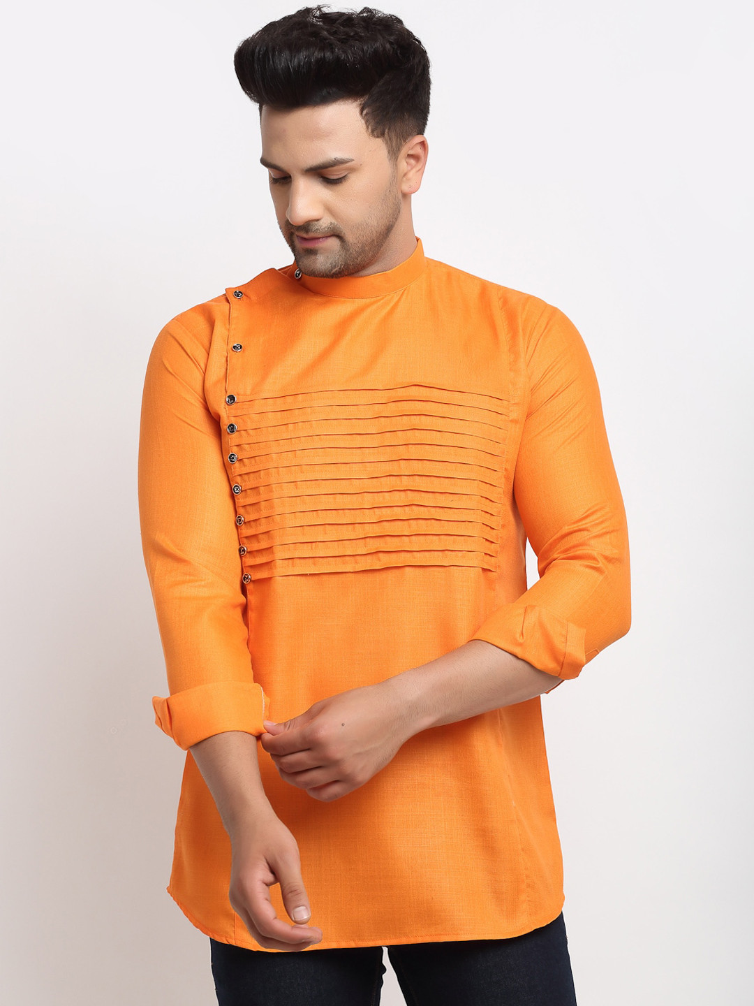 Kaifoo Men Orange Geometric Thread Work Kurta