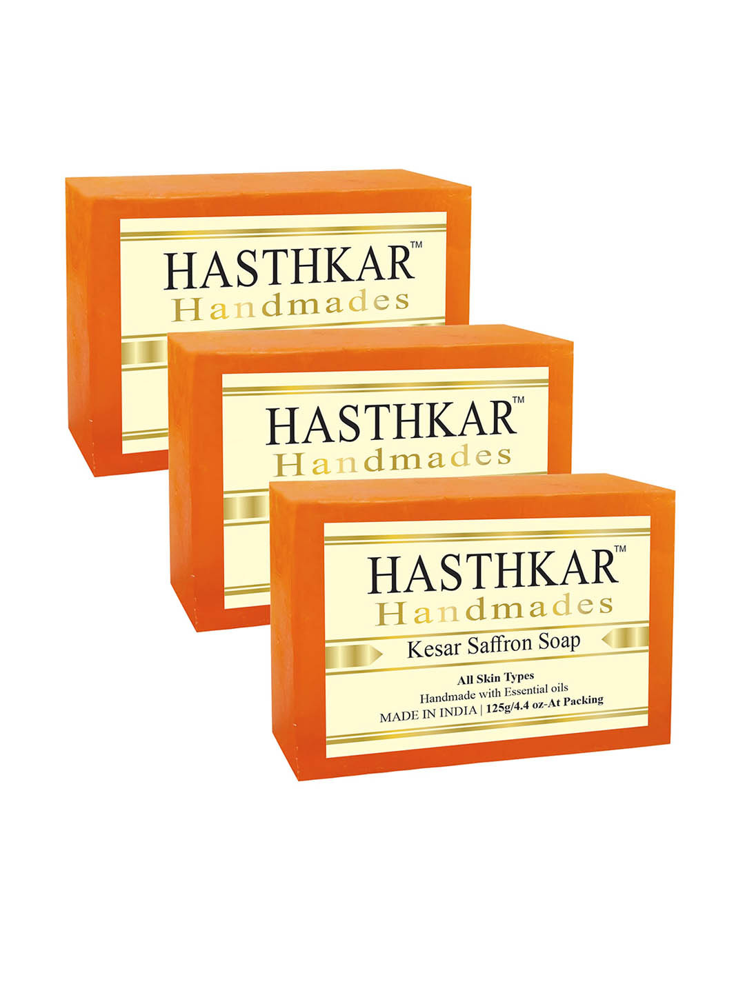 Hasthkar Set of 3 Handmade Kesar Saffron Soap with Glycerin & Coconut Oil - 125 g Each
