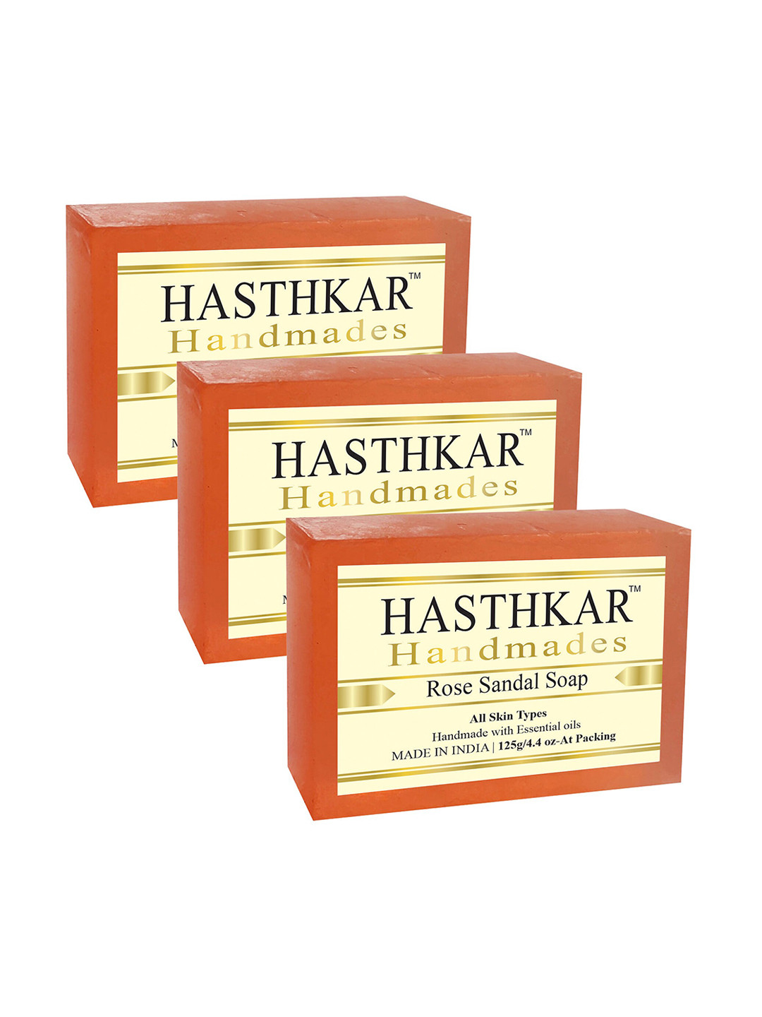 Hasthkar Set of 3 Handmade Rose Sandal Soap with Glycerin & Coconut Oil - 125 g Each