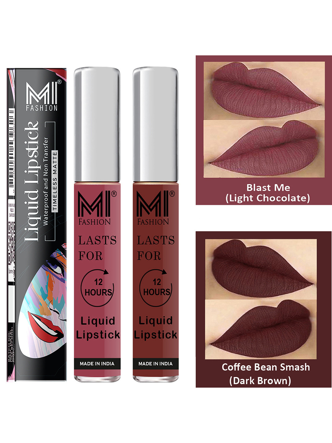 MI FASHION Set of 2 Liquid Lipstick Smudge Free Matte Keeps Moisturize-Nude, Brown