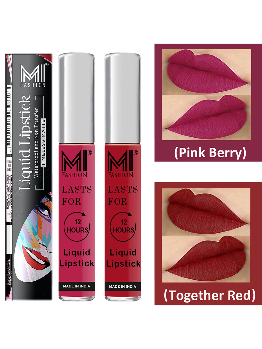 MI FASHION Set of 2 Smudge Free Matte Finish Moisturizing Liquid Lipstick - Pink & Red
