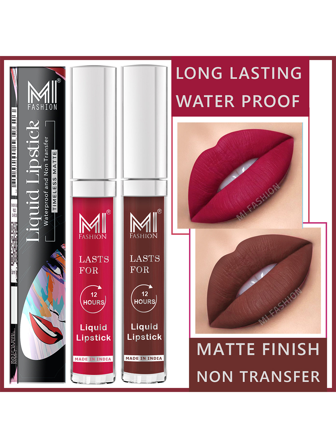 MI FASHION Set of 2 Smudge Free Matte Finish Moisturize Liquid Lipsticks - Pink & Brown