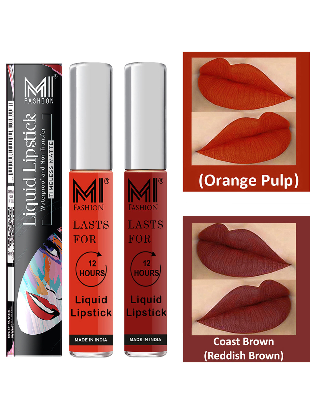 MI FASHION Set of 2 Liquid Lipstick Smudge Free Matte Keeps Moisturize - Orange & Brown
