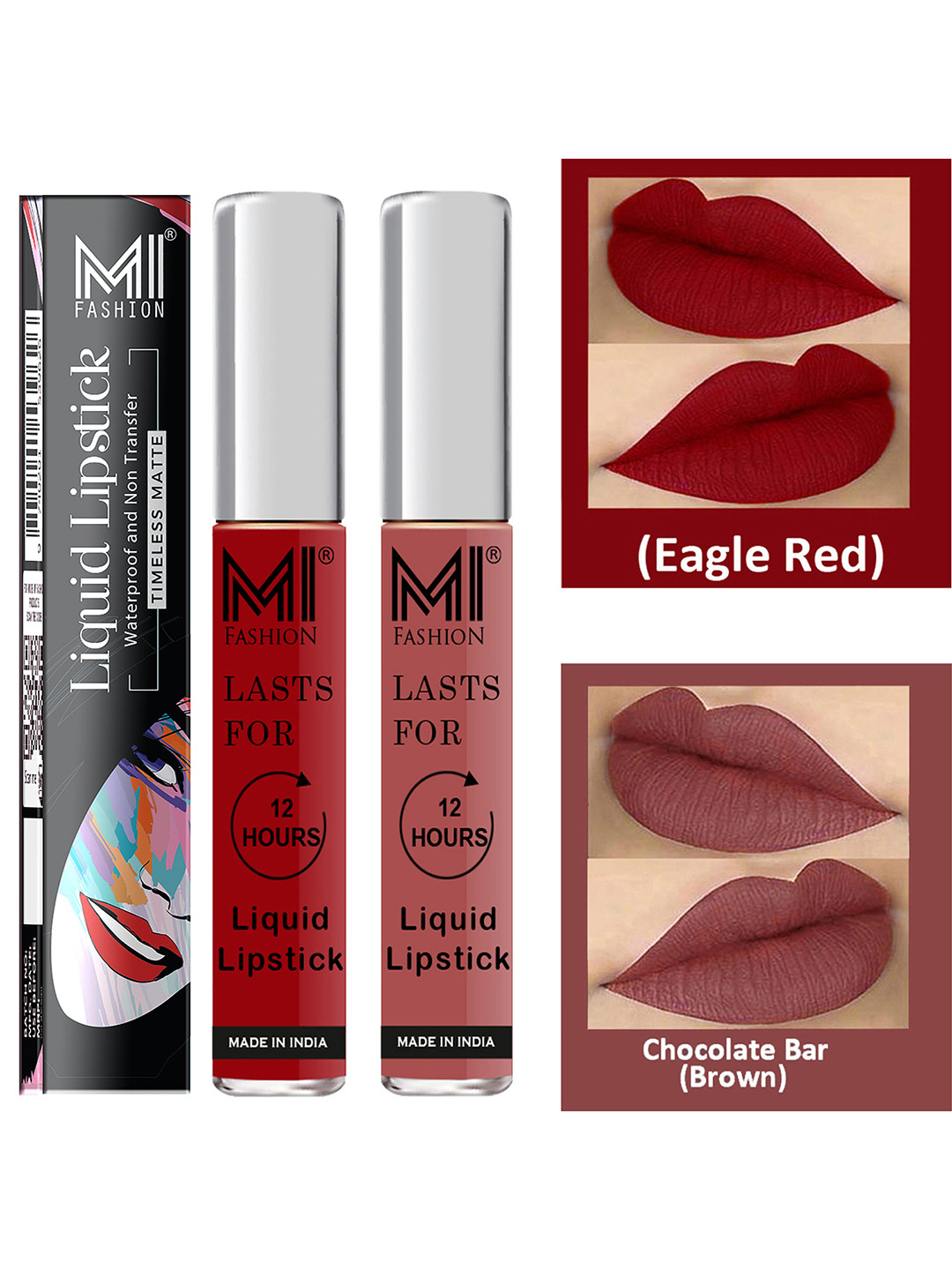 MI FASHION Set of 2 Liquid Lipstick Smudge Free Matte Keeps Moisturize - Red & Brown