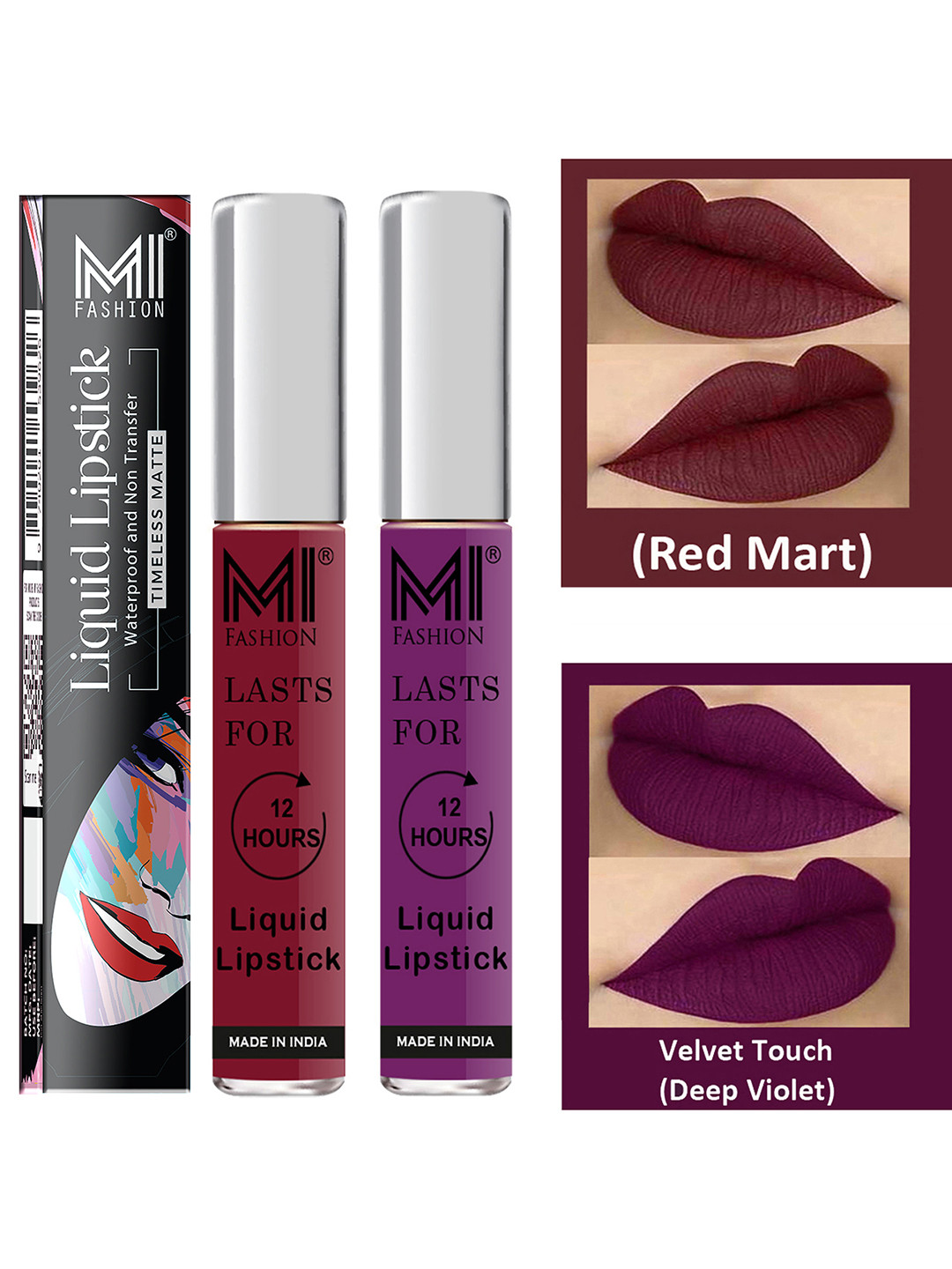 MI FASHION Set of 2 Smudge Free Matte Finish Moisturizing Liquid Lipstick - Red & Purple