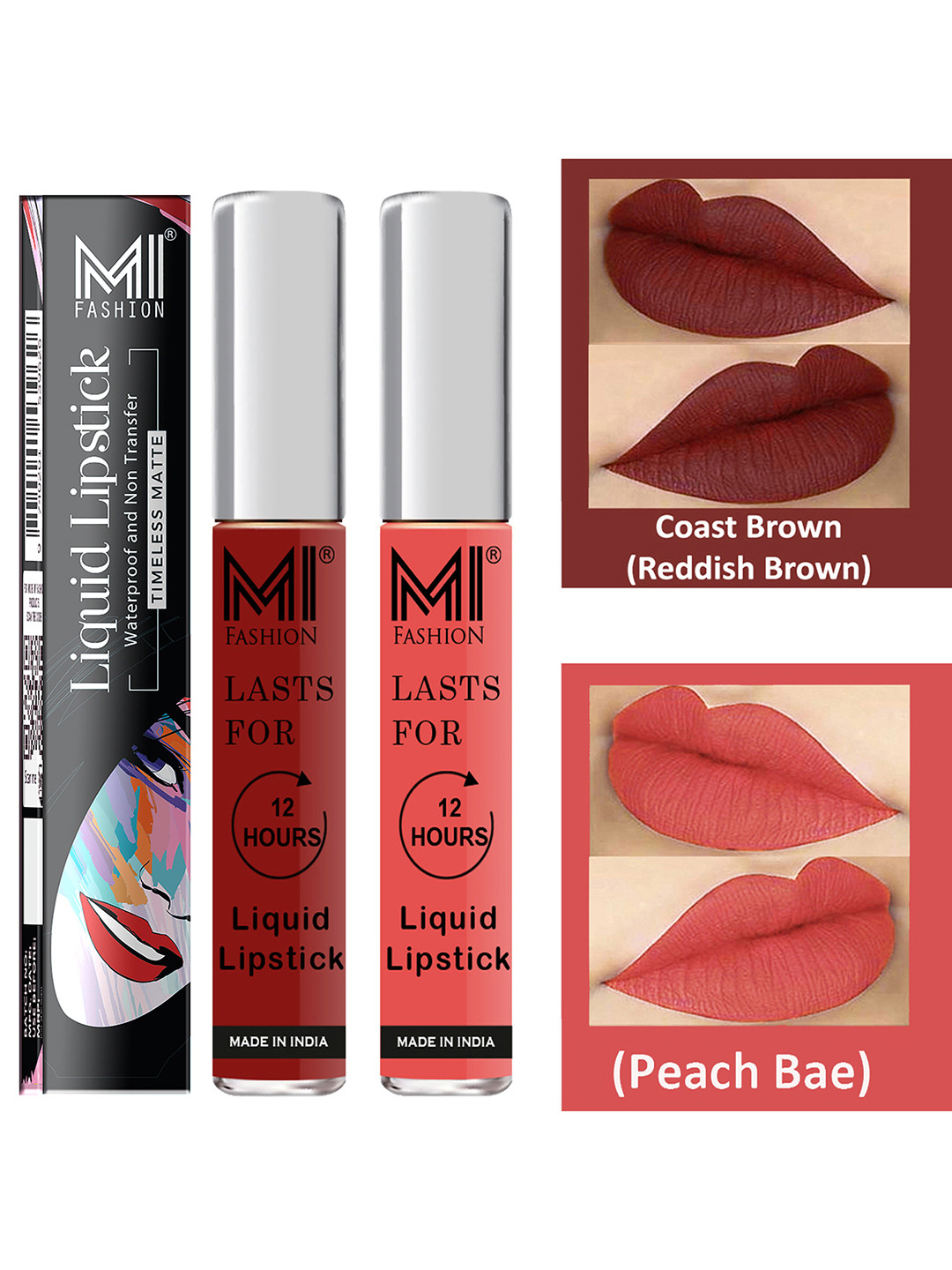 MI FASHION Set of 2 Smudge Free Matte Finish Liquid Lipstick Keeps Moisturize-Brown & Pink