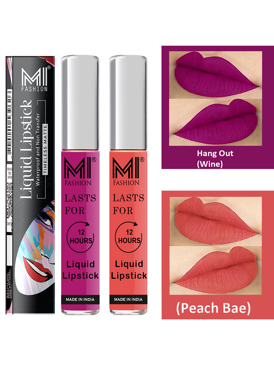 MI FASHION Set of 2 Liquid Lipstick Smudge Free Matte Finish Keep Moisturize-Purple & Pink