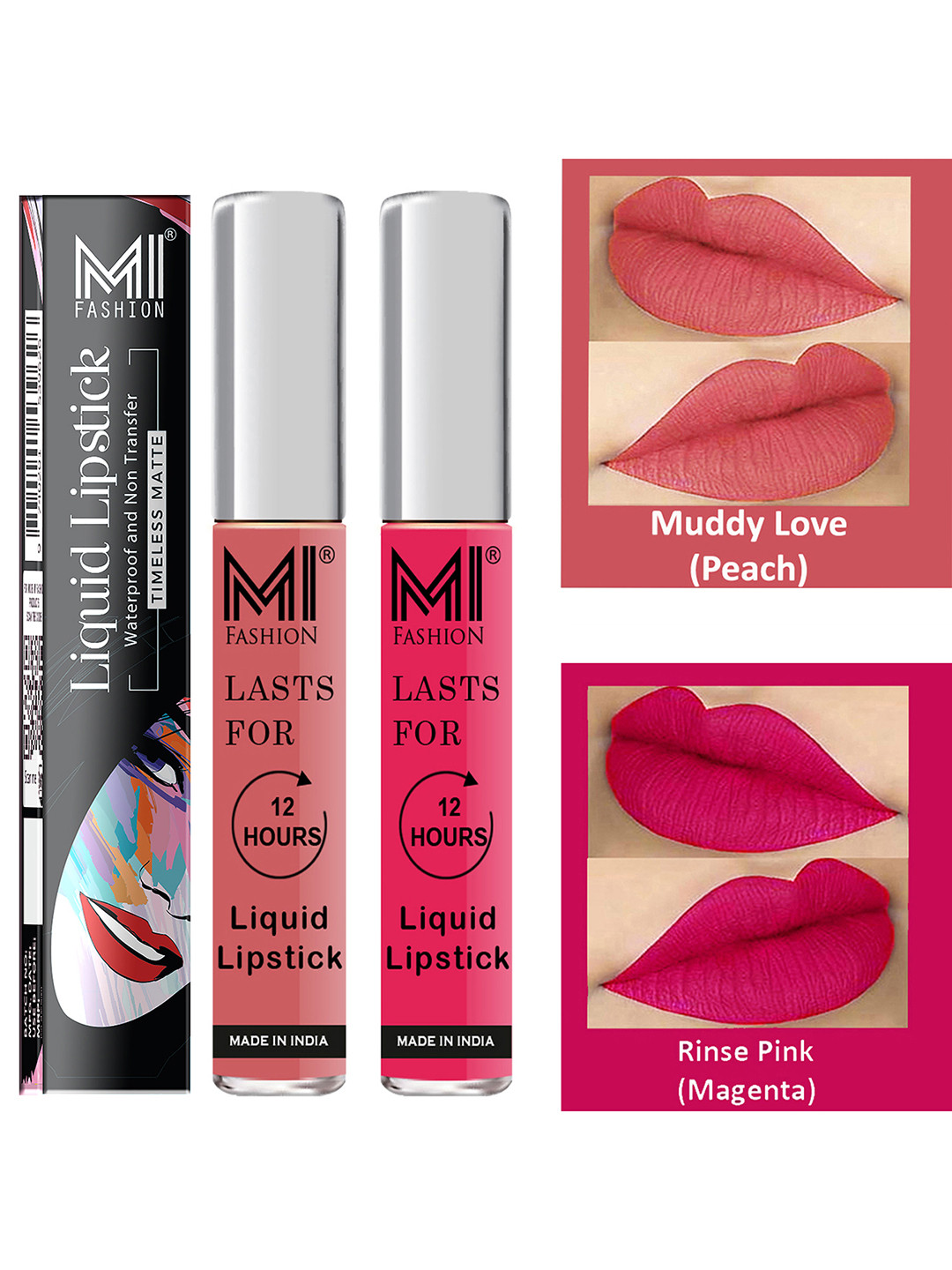 MI FASHION Set of 2 Smudge Free Matte Finish Moisturizing Liquid Lipsticks - Pink