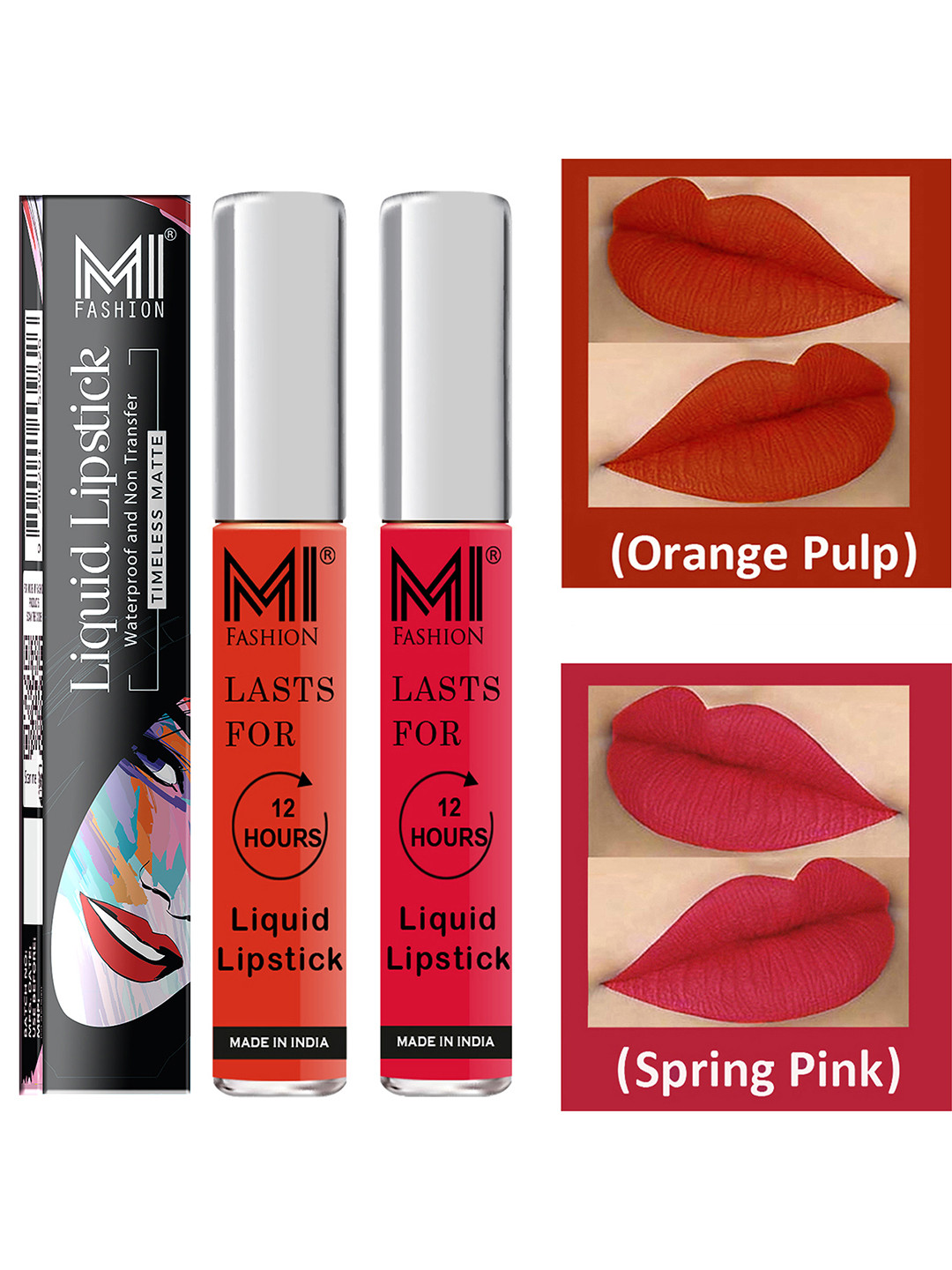 MI FASHION Set of 2 Smudge Free Matte Finish Moisturizing Liquid Lipsticks - Orange & Pink